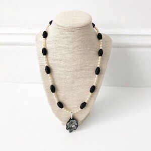 NWT Genuine Geode, Black Onyx & Pearls Beads Beaded Necklace Black White Gray